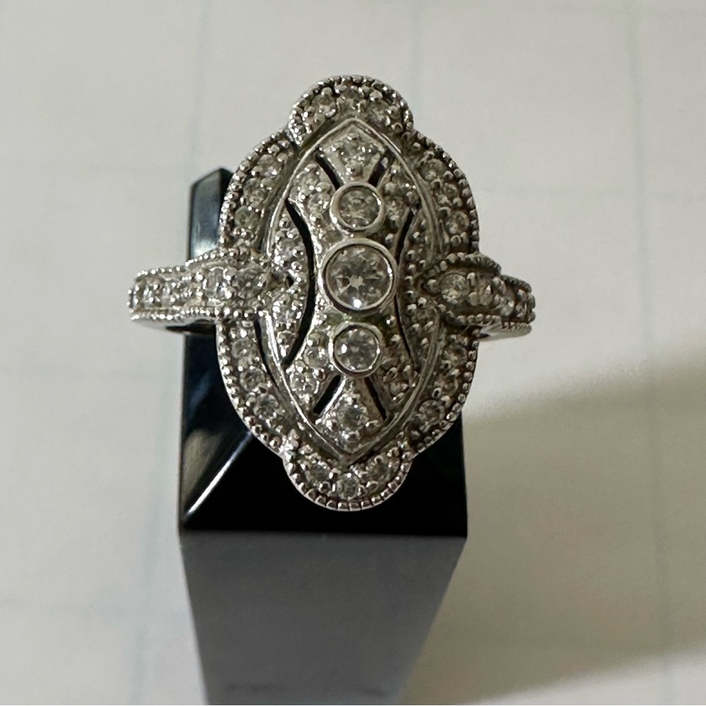 Vintage 925 Sterling Silver Art Deco Filigree Marquise CZ Shield Ring 8.25